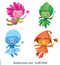 Vector set of cartoon images of cute fairies of the seasons: spring, summer, autumn and winter, with magic wands in their hands on a white background. Vector illustration with shadows and highlights.