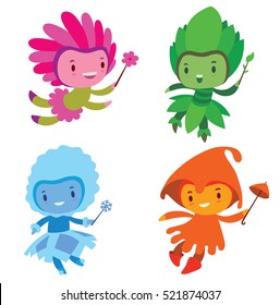 Vector set of cartoon images of cute fairies of the seasons: spring, summer, autumn and winter, flying and smiling with a magic wands in their hands on a white background. Made in a flat style.
