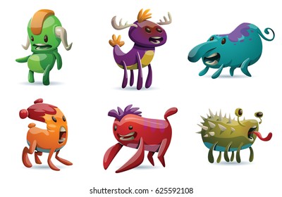 Vector set of cartoon images of cute different colorful monsters in various poses on a white background. Positive character, creature, funny. Halloween.