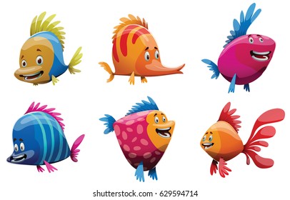 Vector set of cartoon images of cute fishes of different bright colors and sizes smiling on a white background. Underwater life, ocean, aquarium. Positive character. Vector illustration.