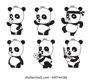 Vector set of cartoon images of cute little black-white pandas with different actions and emotions on a white background. Animals, wildlife, zoo. Positive character. Monochrome image.