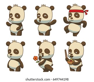 Vector set of cartoon images of cute little black-white pandas with different actions and emotions on a white background. Animals, wildlife, zoo. Positive character. Color image.