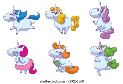 Vector set of cartoon images of cute white happy unicorns with various colors manes and tails with different actions on a white background. Animals, legend, fairy tale. Vector illustration.