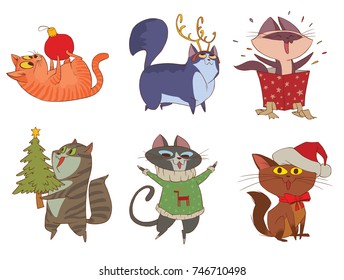 Vector set of cartoon images of cute various Christmas cats smiling with different actions on a white background. Christmas, New Year, holiday, animals. Vector illustration.