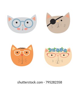 Vector set of cartoon images of cute different cats on a white background. Pet. Vector illustration. 