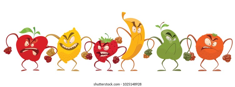 Vector set of cartoon images of different funny fruits: apple, lemon, strawberry, banana, pear and orange with aggressive expressions on their faces on a white background. Emotions, emoji, character.
