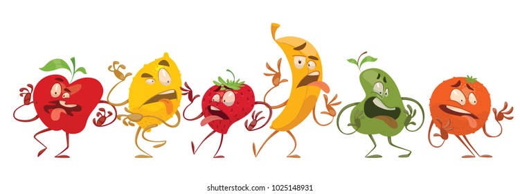 Vector Set Of Cartoon Images Of Different Funny Fruits: Apple, Lemon, Strawberry, Banana, Pear And Orange With Expressions Of Disgust On Their Faces On A White Background. Emotions, Emoji, Character.