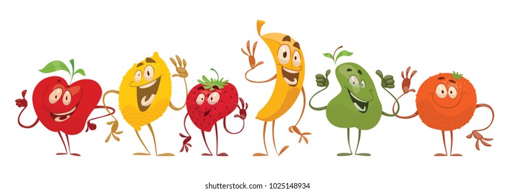 Vector set of cartoon images of different funny fruits: apple, lemon, strawberry, banana, pear and orange standing, waving their hands and smiling on a white background. Emotions, emoji, character.