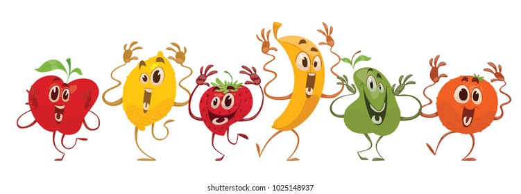 Vector set of cartoon images of different funny fruits: apple, lemon, strawberry, banana, pear and orange with happy expressions on their faces on a white background. Emotions, emoji, character.
