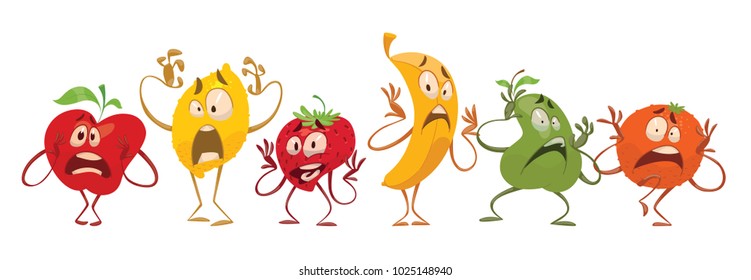 Vector set of cartoon images of different funny fruits: apple, lemon, strawberry, banana, pear and orange with frightened expressions on their faces on a white background. Emotions, emoji, character.