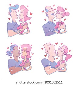 Vector set of cartoon images of different loving couples of various people kissing on a white background. Valentine's Day. Love, relationship, wedding, holiday. Vector illustration.