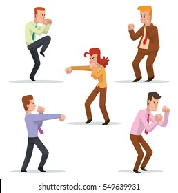 Vector set of cartoon images of different businessmen and business woman in different clothes, fighting on a white background. Business fight. Office warrior. Vector illustration.