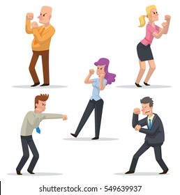 Vector set of cartoon images of different businessmen and business women in different clothes, fighting on a white background. Business fight. Office warrior. Vector illustration.