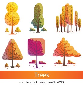 Vector set of cartoon images of different yellow, orange, red trees of various shapes with brown trunks and branches,with small bushes below on a white background. Nature, forest. Inscription "Trees".