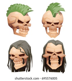 Vector set of cartoon images of different beige human skulls with green mohawk and black hair on a white background. Pirates, death, Halloween. Vector illustration.