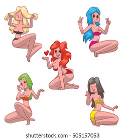 Vector set of cartoon images of five different beautiful girls with long hair in a bikini smiling in various poses on a white background. Beauty, fashion. Color image. Vector illustration.