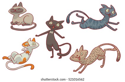 Vector set of cartoon images of five cute different cats of different color with different actions and emotions on a white background. Pet. Vector illustration. Positive character.