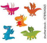Vector set of cartoon images of funny dragons of different colors and forms in different poses on a white background. Positive character. Vector illustration of a dragon.