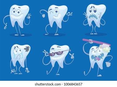 Vector set of cartoon images of funny white teeth with different actions and emotions on a blue background. Dentistry, health, teeth. Vector illustration.