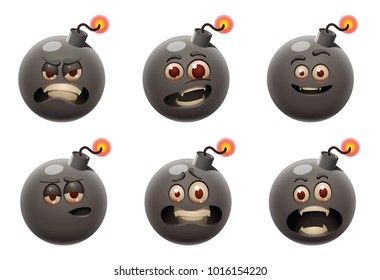 Vector set of cartoon images of funny black bombs with various expressions of emotion on their faces on a white background. Emoticons, emoji, character, smiley, expression. Vector illustration.