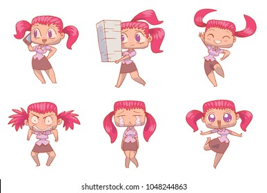 Vector  set of cartoon images of funny women-office workers with pink hair in black skirts and white blouses with different actions and emotions on a white background. Business, businesswoman, finance