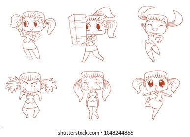 Vector  set of cartoon images of funny women-office workers in skirts and blouses with different actions and emotions on a white background. Business, businesswoman, finance. Line art.
