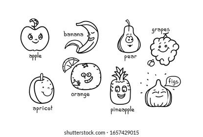 Vector set of cartoon images of funny fruits: apple, banana, grape, pear, apricot, pineapple, fig and orange on a white background. Emotions, character.