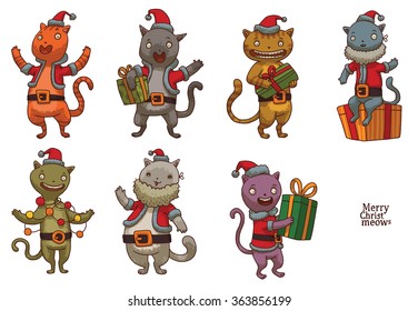 Vector set of cartoon images of funny Christmas cats of different colors in red Santa's costumes with gifts and decorations on a light background. Vector illustration.