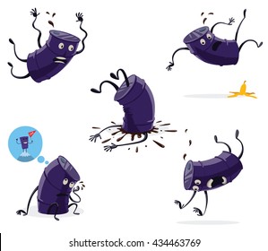 Vector set of cartoon images of funny purple barrels of black oil with arms and legs, had fallen and crashed on a white background. The theme of the fall of the price of a barrel of oil. 