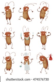 Vector set of cartoon images of funny brown cockroaches with antennas and six legs, with various emotions and actions on a white background. Anthropomorphic cartoon cockroach. Vector illustration.