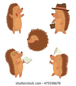 Vector set of cartoon images of funny brown hedgehogs: standing and laughing, in hat with a briefcase, in glasses with a book, with a white butterfly net and curled up into a ball on white background.