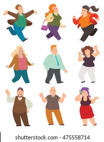 Vector set of cartoon images of funny different overweight people of different sexes, in different clothes standing and smiling on a white background. Happy overweight women and men. 
