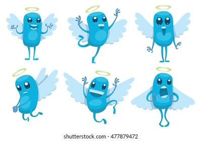 Vector set of cartoon images of funny light blue angels with white wings and golden halos over their heads, with various emotions and actions on a white background. Positive character. Vector angel.