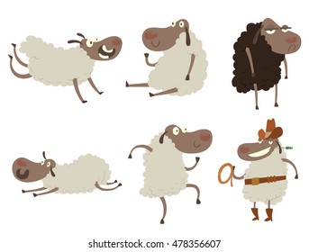 Vector set of cartoon images of funny white and black sheeps: running somewhere, sitting, with a sad expression on her face, lying on her stomach, dancing and in a brown hat on a white background.