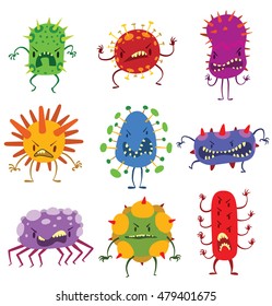 Vector set of cartoon images of funny bacteria of different colors and forms with different emotions on a white background. Vector illustration of a virus, bacteria.