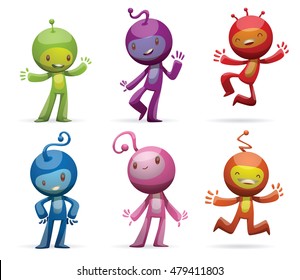 Vector set of cartoon images of funny little creatures of different colors with antennas on their heads, standing and smiling on a white background. Positive character. Vector illustration.