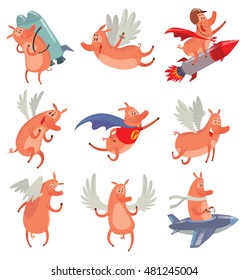 Vector set of cartoon images of funny pink pigs with various emotions and actions on a white background. Positive character. Cute pig with a long nose. Hand-drawing style. Vector illustration.