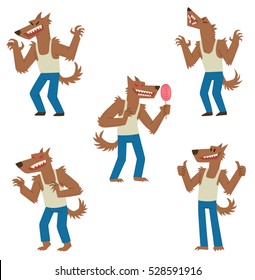 Vector set of cartoon images of funny brown werewolves in blue pants and a white tank top, with different actions and emotions on a white background. Halloween. Vector illustration. 