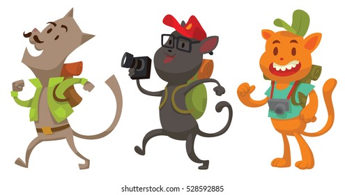 Vector set of cartoon images of funny cats tourists in various clothes with cameras in their paws in different poses on a white background. Vector illustration of a cat-traveler.