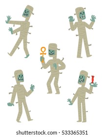 Vector set of cartoon images of funny mummies in white bandages, with different actions and emotions on a white background. Halloween. Vector illustration.