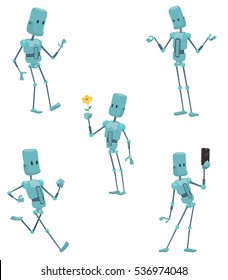 Vector set of cartoon images of funny light blue robots with long arms and legs, with different actions on a white background. Positive character. Technology, Robotics. Vector illustration.