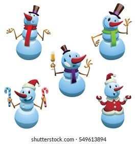 Vector set of cartoon images of funny light blue snowmen with red noses in different clothes, with different actions and emotions on a white background. Winter, Holiday, Christmas, New Year. 