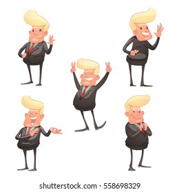 Vector set of cartoon images of funny politicians with blond hair in a black suit, green shirt and red tie, standing and smiling in different poses on a white background. Politics, business.