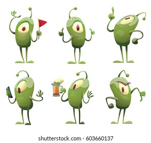 Vector set of cartoon images of funny green microbes with one big eye, with an antenna, with arms and legs, in different actions on a white background. Positive character. Creature.