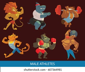 Vector set of cartoon images of funny male animals in the gym: lion, hippo, cheetah, bear, bull, gorilla doing various exercises on a dark background. Sports, healthy lifestyle, doing workout.