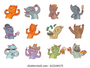 Vector set of cartoon images of funny cats with different actions and emotions on a white background. Positive character. Pet, animal. Color image. Vector illustration.