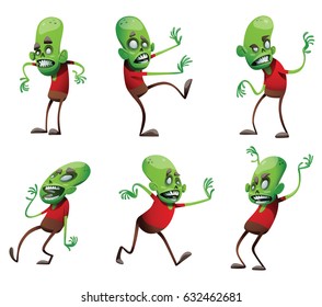 Vector set of cartoon images of funny green zombies with big heads in brown pants and red t-shirts with different actions and emotions on a white background. Apocalypse, dead, halloween.