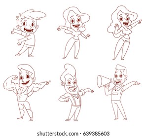 Vector set of cartoon images of funny various men and women in different clothes, standing, presenting something and smiling on a white background. Business, businessman, sale, shop. Line art.