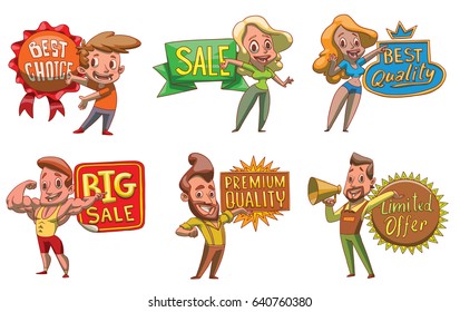 Vector set of cartoon images of funny men and women in different clothes presenting various sale labels on a white background. Business, business people, sale, shop. Color image.