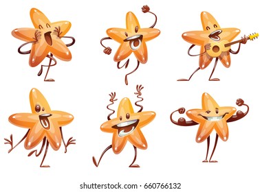 Vector set of cartoon images of funny shiny golden stars with different actions and emotions on a white background. Award, positive character, mascot. Vector illustration.